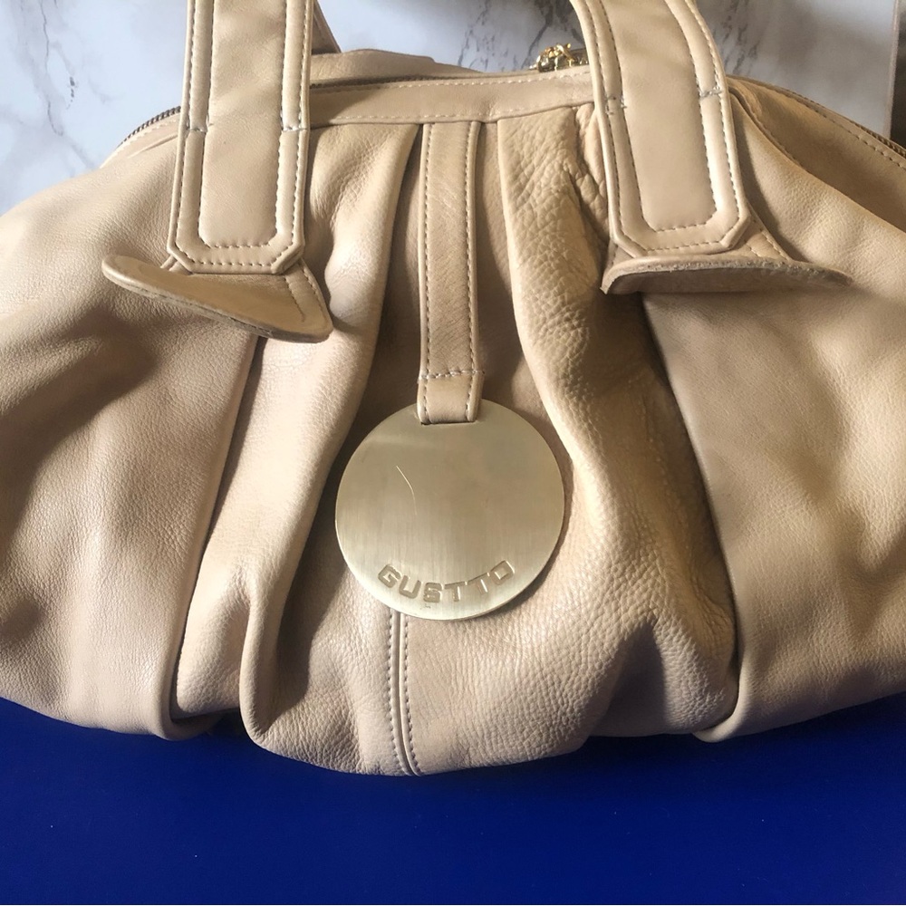 GUSTTO Cala Leather Shoulder Bag - Braided Straps Brushed Gold Hardware — BEIGE